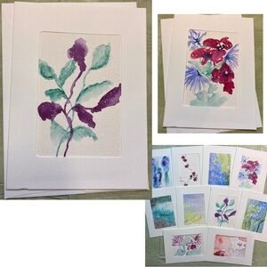 Hand Painted Watercolor Semi Abstract Floral Blank Greeting Cards Set of 10